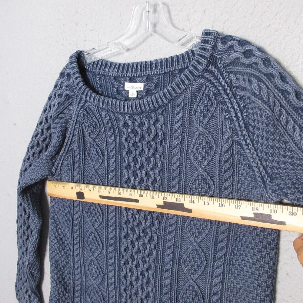 LL Bean Signature Sweater Tunic Women Medium Blue Cable‎ Knit Cotton Fisherman